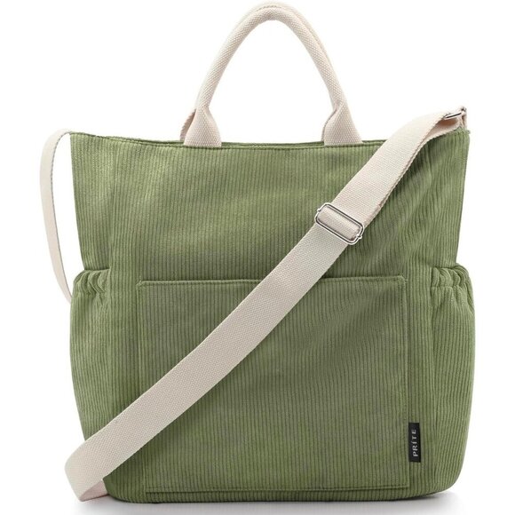 Prite Handbags - Prite Women Green Corduroy Large Hobo Shoulder Crossbody Tote Bag With Pockets